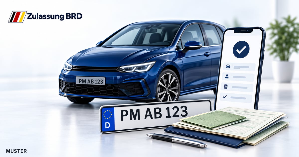 Online Fahrzeugzulassung in Schwielowsee: Musterkennzeichen PM AB 123, Auto und Fahrzeugpapiere und Smartphone. Illustration mit Logo von Zulassung BRD.